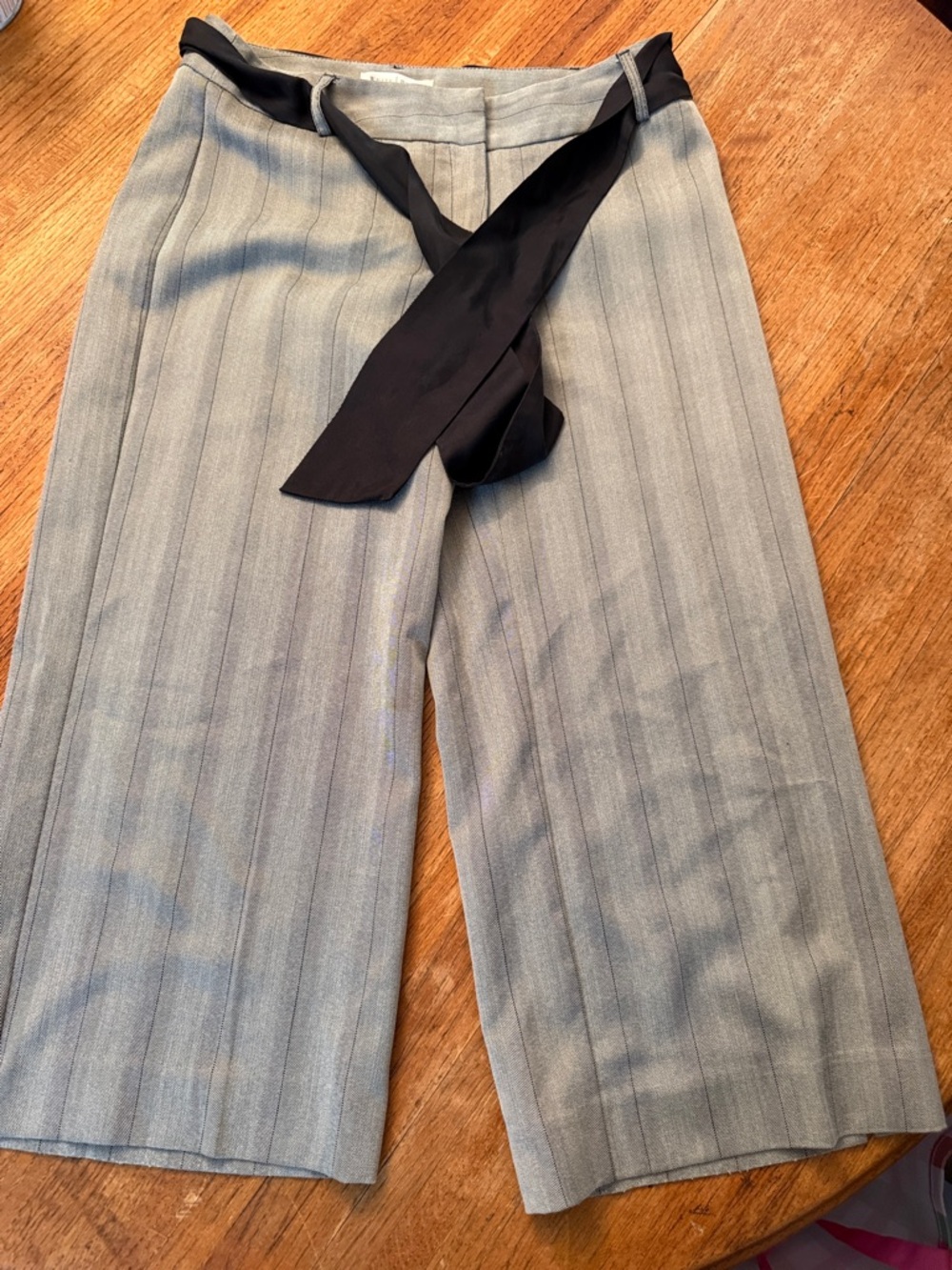 White House Black Market Gray Pinstripe Cropped Wide-Leg Pants with Black Tie - Picture 2 of 5